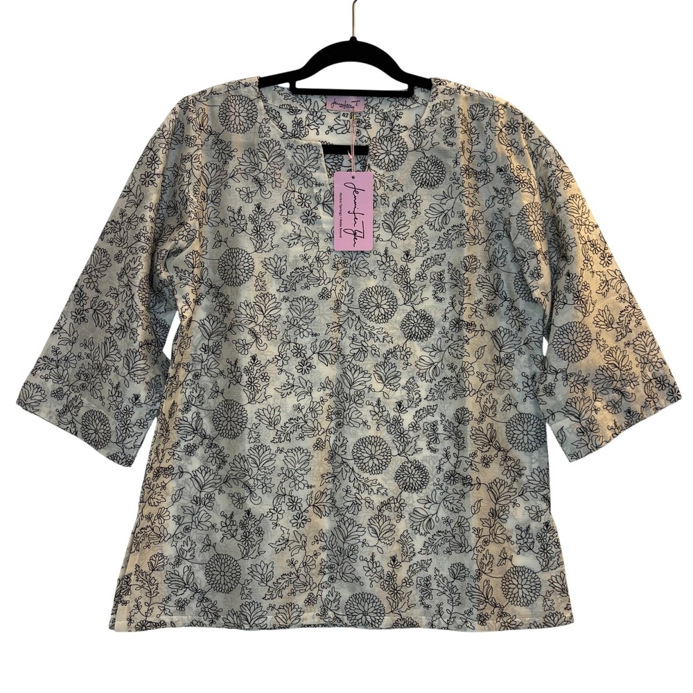 Jennifer Tyler Knit Couture Aurora Tunic Cream Black Floral Top Size 42 Large